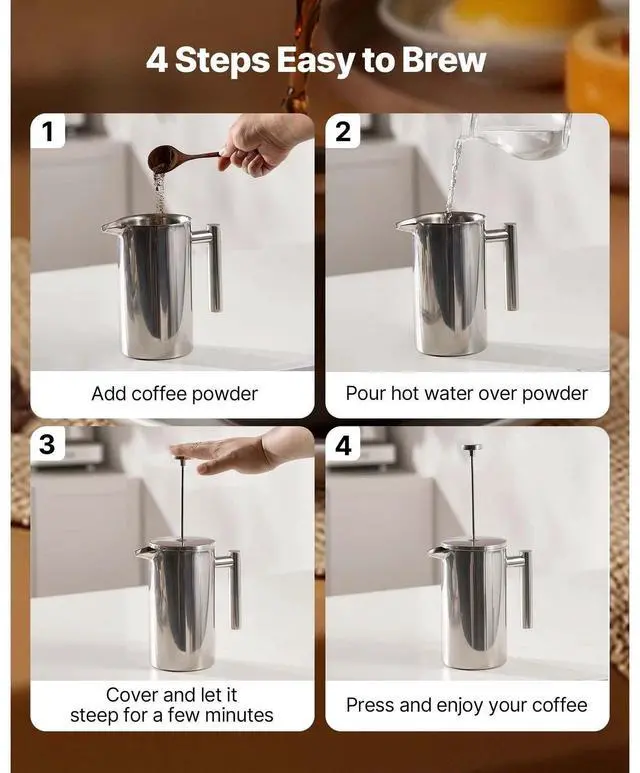 Alt view image 6 of 7 - 34 oz/1L Coffee Press for French-Style Brewing, Silver Stainless Steel