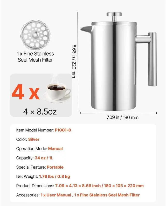 Alt view image 7 of 7 - 34 oz/1L Coffee Press for French-Style Brewing, Silver Stainless Steel