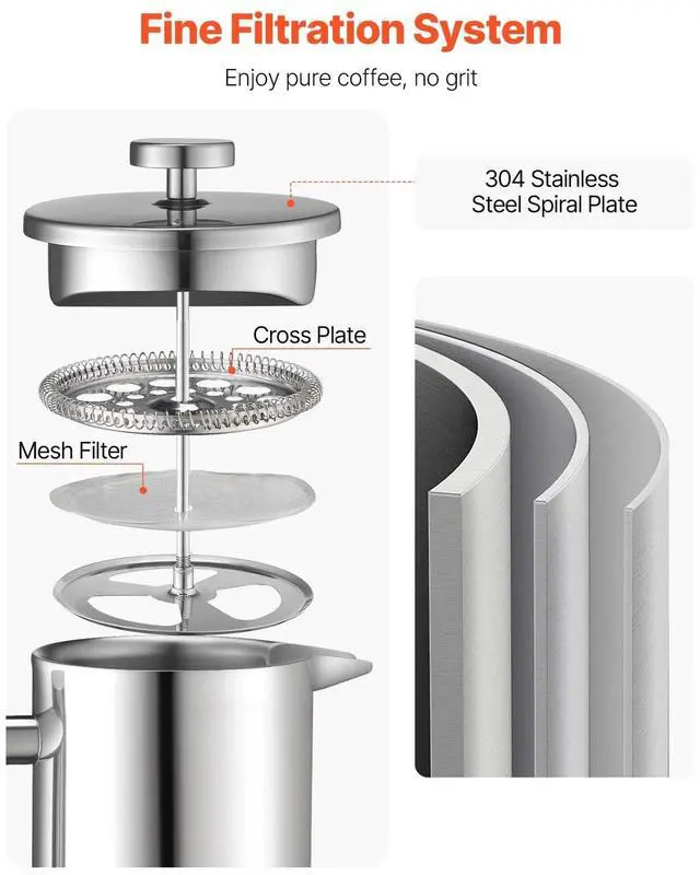 Alt view image 3 of 7 - 34 oz/1L Coffee Press for French-Style Brewing, Silver Stainless Steel