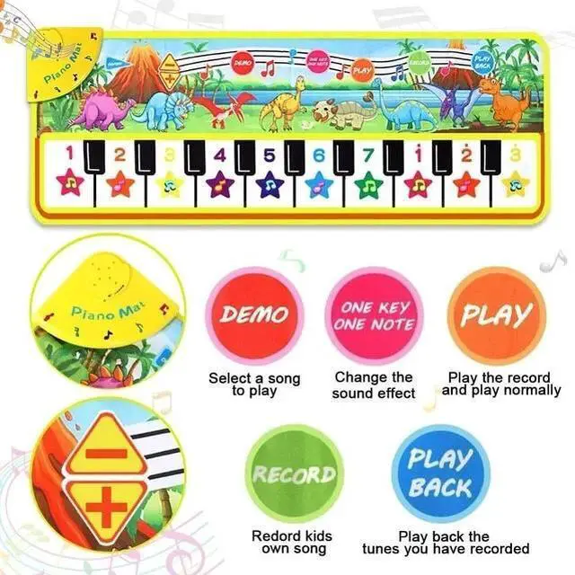 Alt view image 6 of 7 - Piano Mat for Kids 43" x 14" Floor Music Mat with 10 Demo Songs 8 Dinosaur Sound