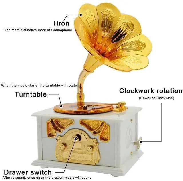 Alt view image 5 of 7 - Classical Trumpet Horn Turntable Gramophone Art Disc Music Box Make up Case