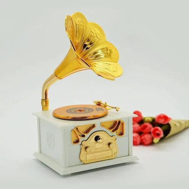 Alt view image 3 of 7 - Classical Trumpet Horn Turntable Gramophone Art Disc Music Box Make up Case