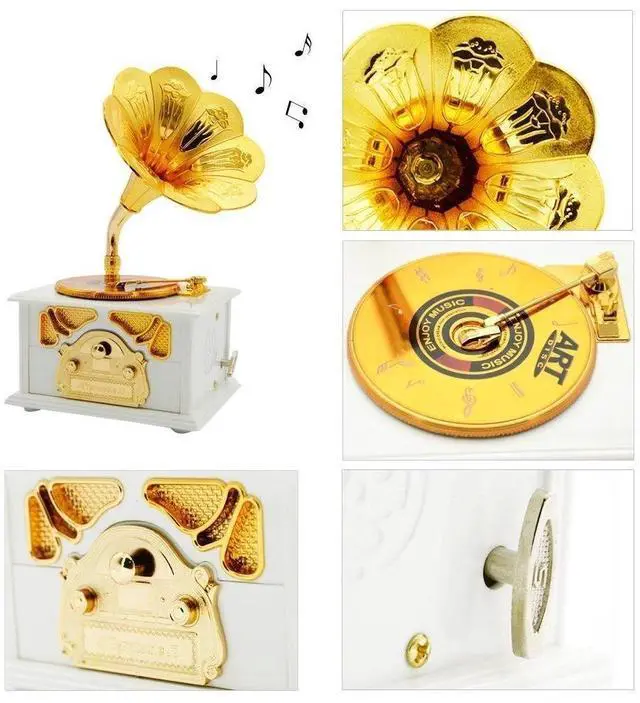 Alt view image 4 of 7 - Classical Trumpet Horn Turntable Gramophone Art Disc Music Box Make up Case