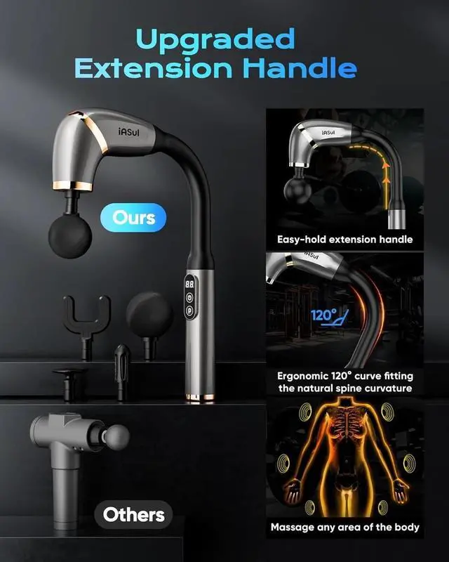 Alt view image 2 of 7 - Massage Gun with Upgraded Extended Handle, Back Massager for Deep Pain Relief