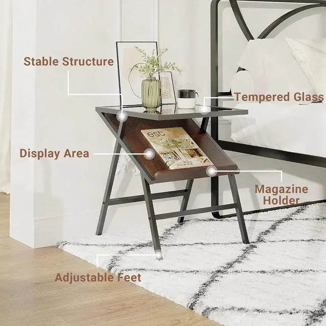 Alt view image 2 of 7 - Yosemite Mid Century Glass Top End Table - Side Table with Magazine Rack