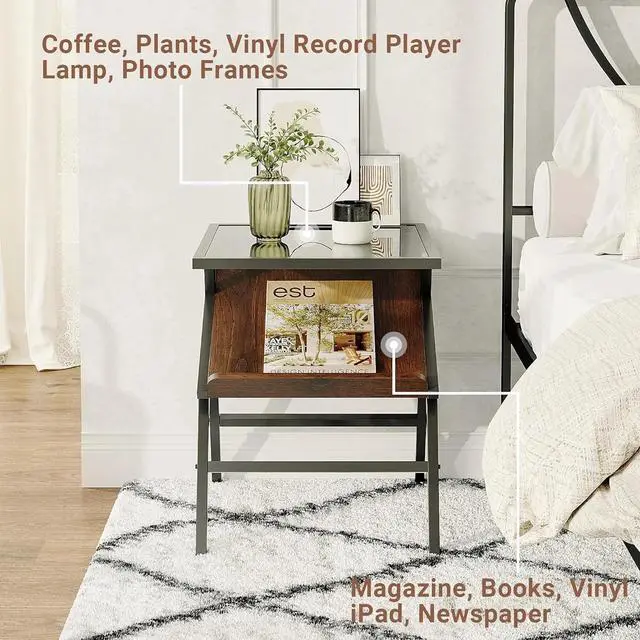 Alt view image 6 of 7 - Yosemite Mid Century Glass Top End Table - Side Table with Magazine Rack