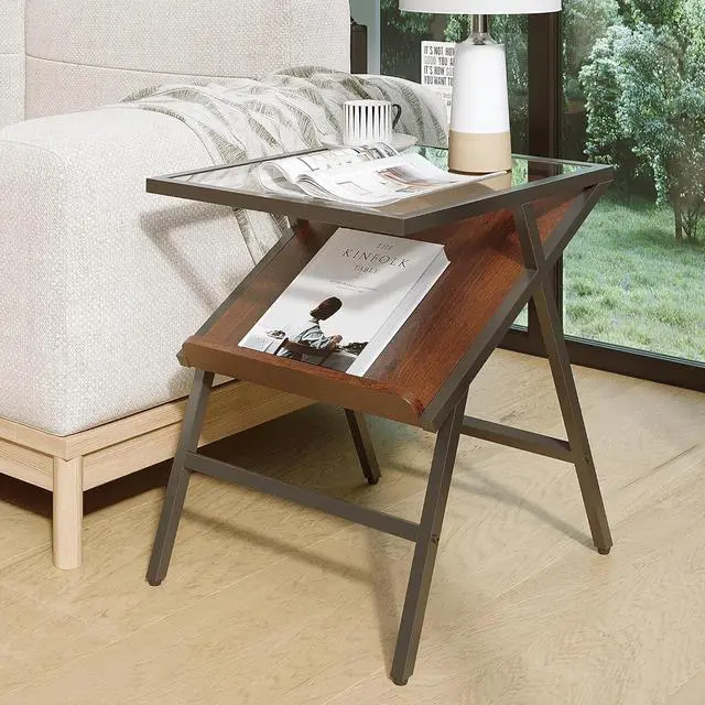 Main image of Yosemite Mid Century Glass Top End Table - Side Table with Magazine Rack