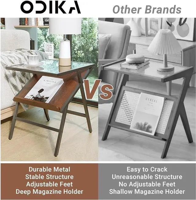 Alt view image 4 of 7 - Yosemite Mid Century Glass Top End Table - Side Table with Magazine Rack