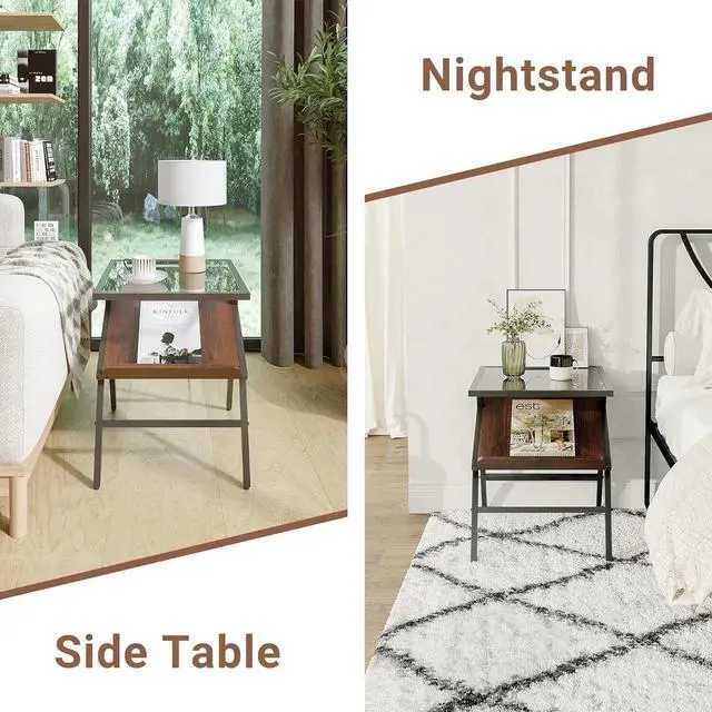 Alt view image 3 of 7 - Yosemite Mid Century Glass Top End Table - Side Table with Magazine Rack