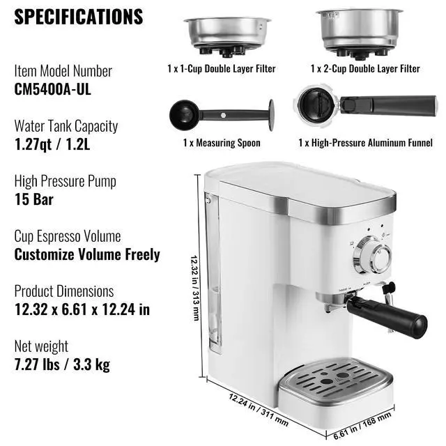 Alt view image 7 of 7 - Espresso Coffee Machine 15Bar Semi-Automatic Espresso Maker & Milk Frother