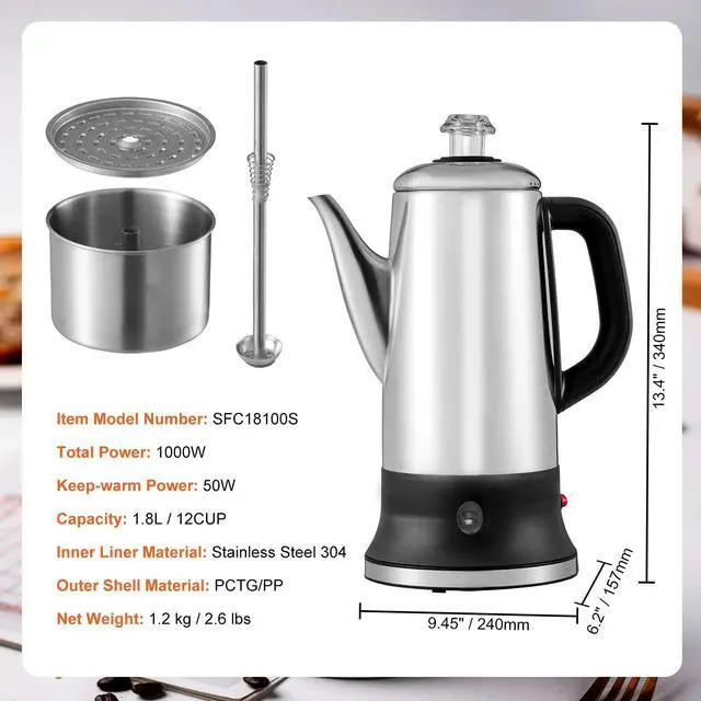 Alt view image 6 of 7 - 12-Cup Electric Percolator Coffee Pot with Stainless Steel Design