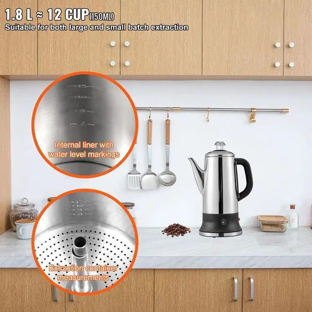Alt view image 4 of 7 - 12-Cup Electric Percolator Coffee Pot with Stainless Steel Design