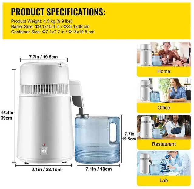 Alt view image 7 of 7 - 4L Water Distiller Purifier Machine Countertop 750W Stainless Steel CE