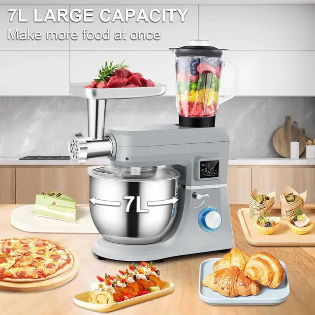 Alt view image 3 of 7 - 3in1 Stand Mixer 7.4Qt LCD Screen Timing 6-Speed Dough Mixer w/ Grinder Juicer