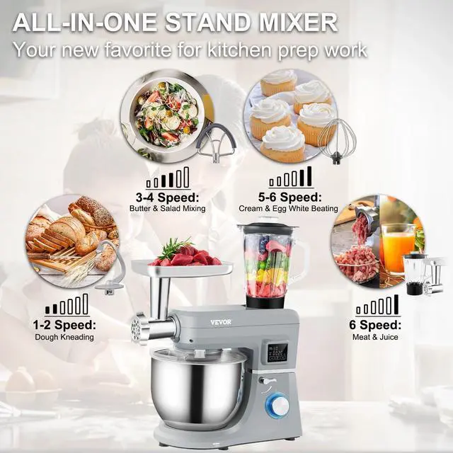 Alt view image 4 of 7 - 3in1 Stand Mixer 7.4Qt LCD Screen Timing 6-Speed Dough Mixer w/ Grinder Juicer