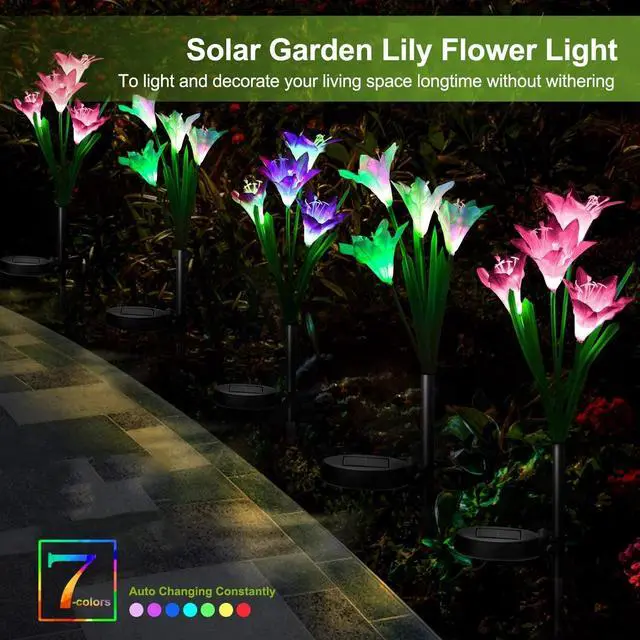 Alt view image 2 of 7 - 2PCS Solar Lily Flower Garden Lights LED Outdoor Pathway Yard Decor Lamp 7-Color