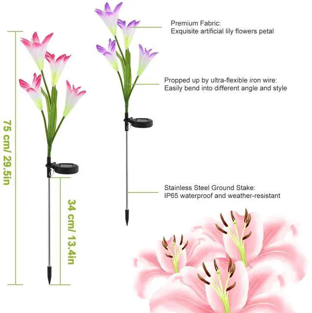 Alt view image 6 of 7 - 2PCS Solar Lily Flower Garden Lights LED Outdoor Pathway Yard Decor Lamp 7-Color