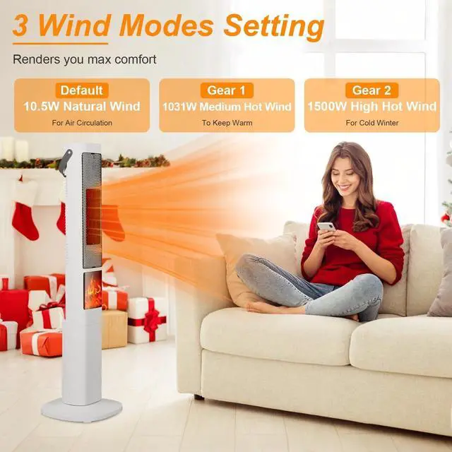 Alt view image 4 of 7 - 1500W Electric Heater Oscillating Ceramic Tower Space Heater Bedroom Heat Warmer