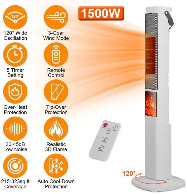 Main image of 1500W Electric Heater Oscillating Ceramic Tower Space Heater Bedroom Heat Warmer