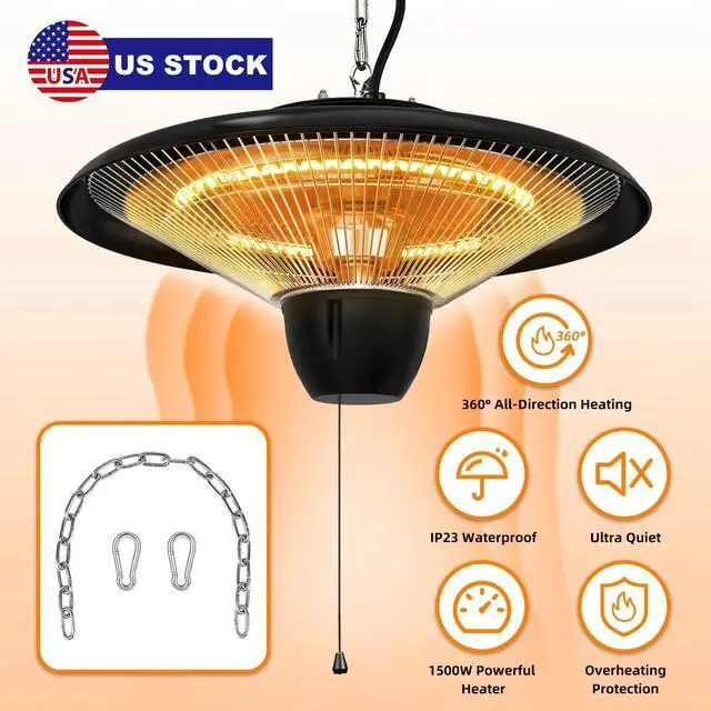 Alt view image 2 of 7 - 1500W Electric Hanging Patio Heater 360° Heating Outdoor Indoor Ceiling Heater
