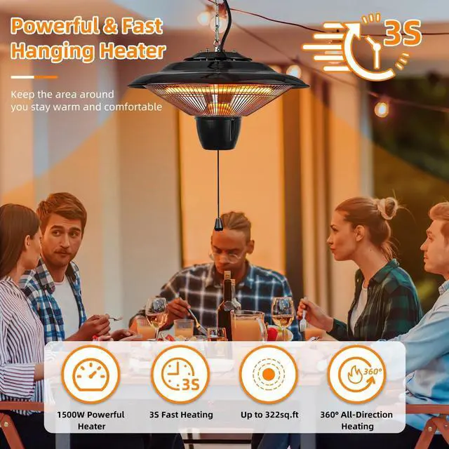 Alt view image 3 of 7 - 1500W Electric Hanging Patio Heater 360° Heating Outdoor Indoor Ceiling Heater
