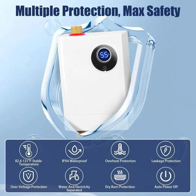 Alt view image 3 of 7 - 3000W Mini Water Heater Electric Tankless Water Heater Instant Hot Water Heater