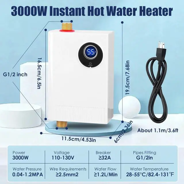 Alt view image 2 of 7 - 3000W Mini Water Heater Electric Tankless Water Heater Instant Hot Water Heater