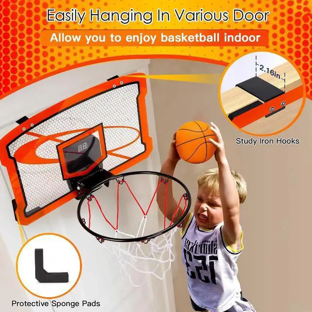 Alt view image 5 of 7 - Kids Basketball Hoop Set Over Door Basketball Hoop w/4 Balls Electric Scorer Toy