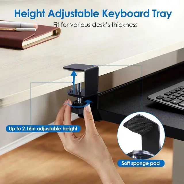 Alt view image 6 of 7 - 25*9" Adjustable Keyboard Tray Under Desk Pull Out Keyboard Mouse Tray w/C Clamp