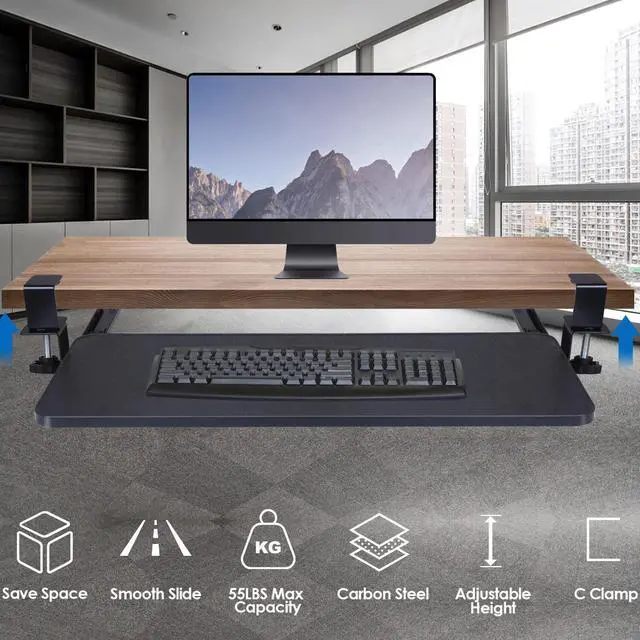 Main image of 25*9" Adjustable Keyboard Tray Under Desk Pull Out Keyboard Mouse Tray w/C Clamp