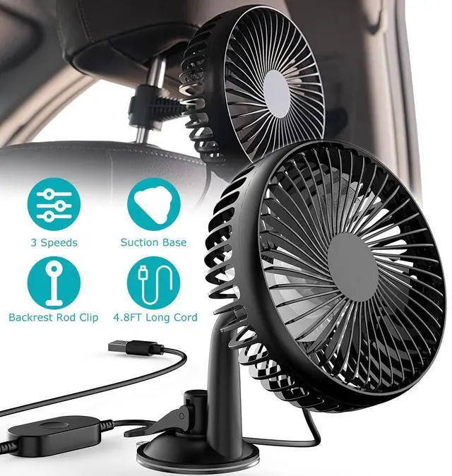 Alt view image 3 of 7 - Car Cooling Fan Portable USB Vehicle Suction Cup Rotatable Auto Cooler Clip Fan