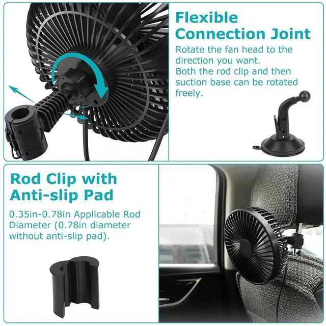 Alt view image 7 of 7 - Car Cooling Fan Portable USB Vehicle Suction Cup Rotatable Auto Cooler Clip Fan