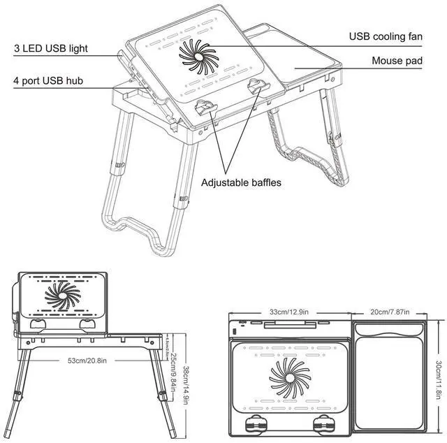 Alt view image 7 of 7 - Foldable Laptop Table Tablet Desk Stand Bed Sofa Tray with USB LED & Cooling Fan