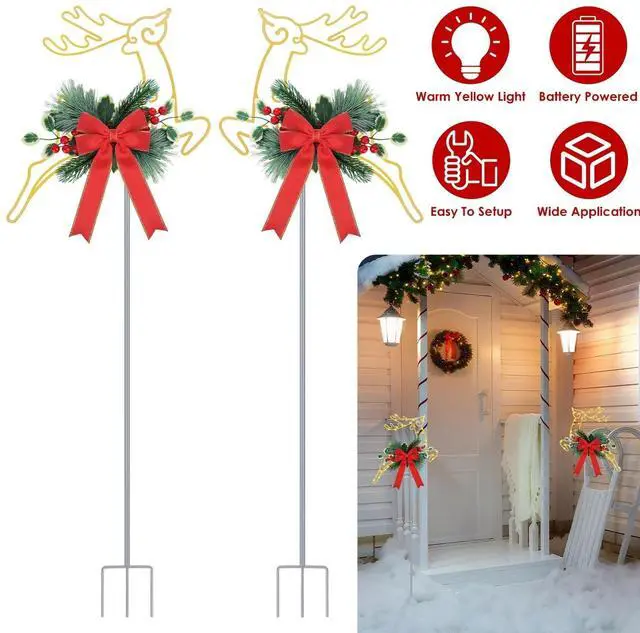 Main image of 2Pcs Christmas Lighted Reindeer LED Pathway Stake Lights Door Patio Light Decor
