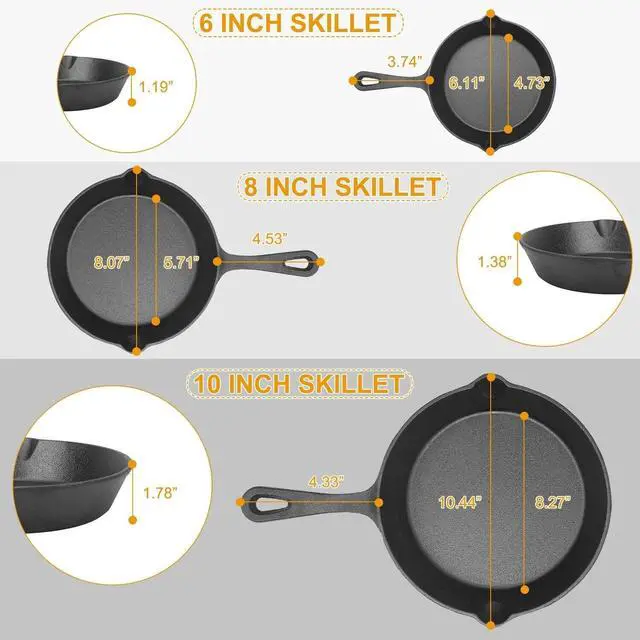 Alt view image 4 of 7 - 3Pcs Pre-Seasoned Cast Iron Skillet Set 6" 8" 10" Oven Safe Frying Pan