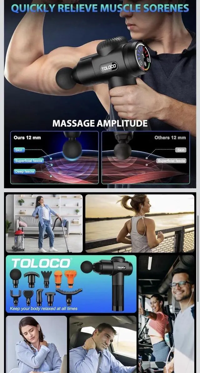 Alt view image 7 of 7 - TOLOCO Deep Tissue Massage Gun for Muscle Pain Relief Quiet Percussion Massager