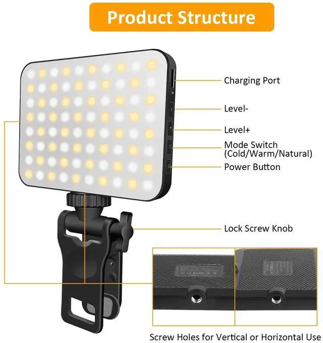Alt view image 3 of 7 - Selfie Phone Light 80 LED 2000mAh Rechargeable Clip On Light for Phone Laptop
