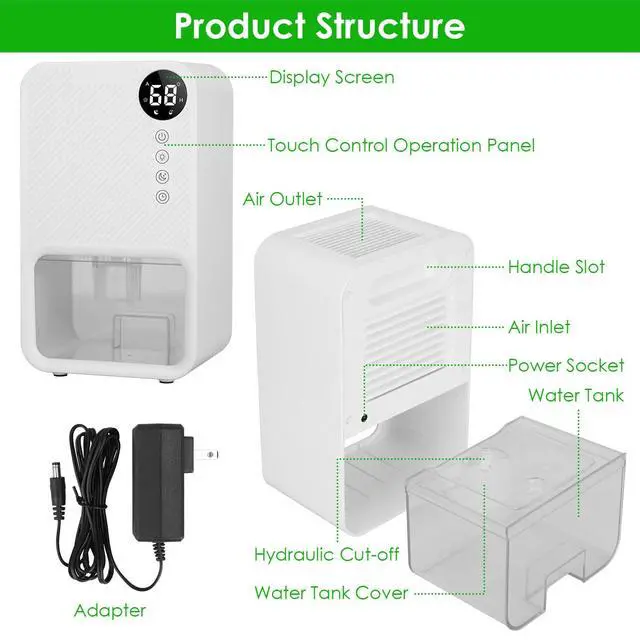 Alt view image 3 of 7 - 37.2OZ Dehumidifier Coverage Touch Control Home Dehumidifier for Home Bedroom