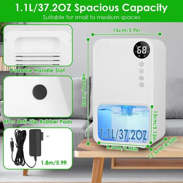 Alt view image 2 of 7 - 37.2OZ Dehumidifier Coverage Touch Control Home Dehumidifier for Home Bedroom