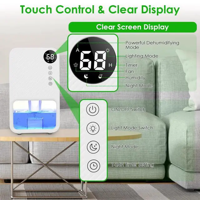 Alt view image 6 of 7 - 37.2OZ Dehumidifier Coverage Touch Control Home Dehumidifier for Home Bedroom
