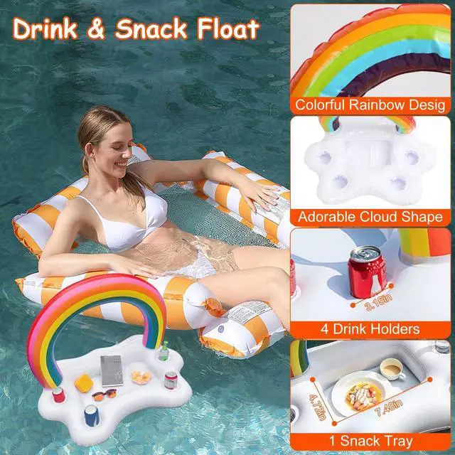 Alt view image 7 of 7 - 3Pcs Adult Inflatable Pool Floats 1 Drink & Snack Float 2 Hammocks Water Play US