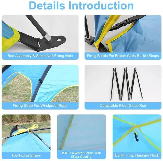 Alt view image 7 of 7 - Camping Tent Beach Tent Canopy Summer Picnic Tent Hiking/Outdoor Blue Tent w/Bag