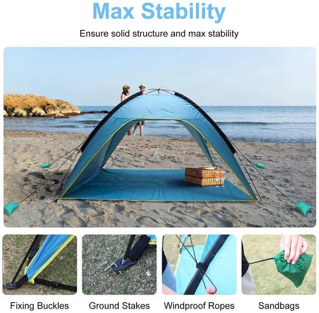 Alt view image 6 of 7 - Camping Tent Beach Tent Canopy Summer Picnic Tent Hiking/Outdoor Blue Tent w/Bag
