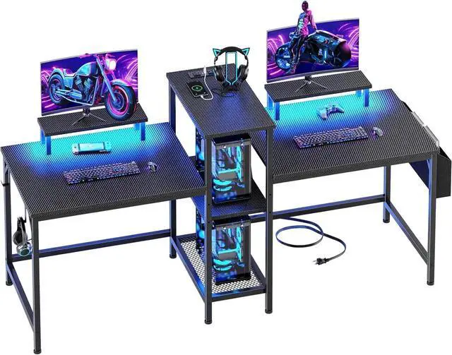 Main image of 2 Person Gaming Desk with LED Lights, 71 Inch Computer Desk with Power Outlets and Monitor Stand, Double Desk with Storage Bag and Headphone Hooks, Study Writing Table for Home Office, Black