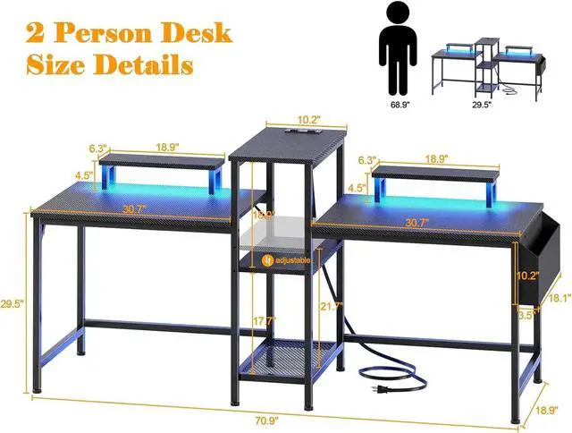 Alt view image 4 of 7 - 2 Person Gaming Desk with LED Lights, 71 Inch Computer Desk with Power Outlets and Monitor Stand, Double Desk with Storage Bag and Headphone Hooks, Study Writing Table for Home Office, Black