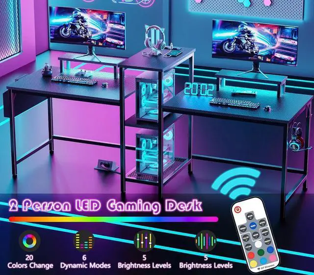 Alt view image 3 of 7 - 2 Person Gaming Desk with LED Lights, 71 Inch Computer Desk with Power Outlets and Monitor Stand, Double Desk with Storage Bag and Headphone Hooks, Study Writing Table for Home Office, Black