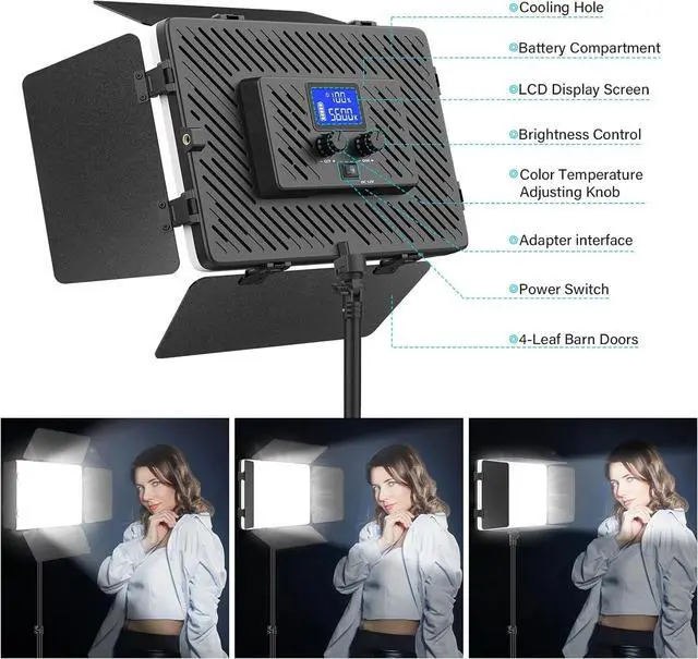 Alt view image 6 of 7 - 2 Pack Led Video Light Panel Lighting Kit with Barn Doors, 8000Mah Rechargeable Camera Light, 2500K-8500K Photo Light for Outdoor Indoor Photography Live Streaming Zoom Calls Video Recording