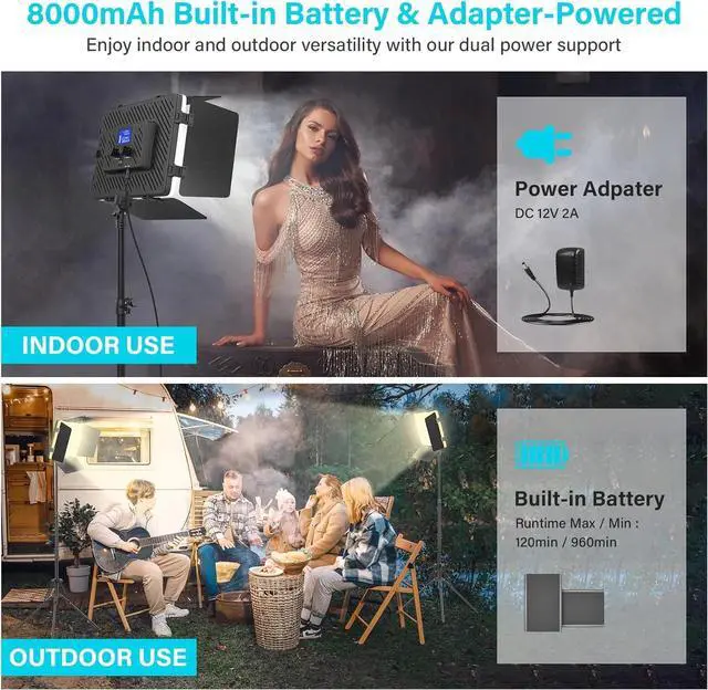 Alt view image 3 of 7 - 2 Pack Led Video Light Panel Lighting Kit with Barn Doors, 8000Mah Rechargeable Camera Light, 2500K-8500K Photo Light for Outdoor Indoor Photography Live Streaming Zoom Calls Video Recording