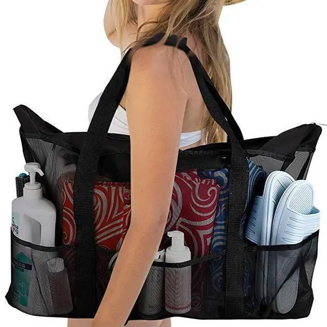 Alt view image 2 of 7 - 28"x15" Extra Large Summer Beach Mesh Bag Tote w/Zipper & 8 Pockets XL Sandproof