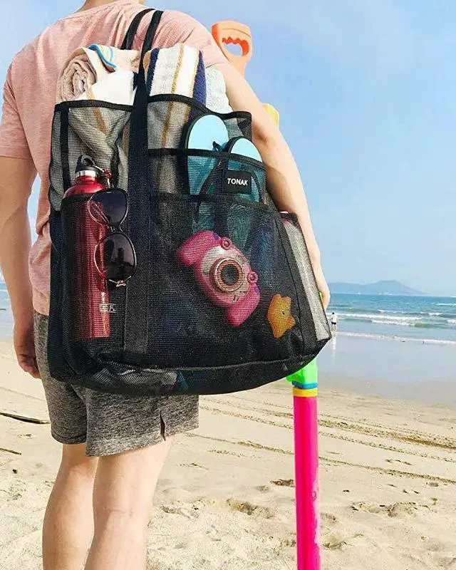 Main image of 28"x15" Extra Large Summer Beach Mesh Bag Tote w/Zipper & 8 Pockets XL Sandproof
